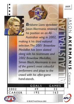 2003 Select XL AFL - All Australian #AA9 Jason Akermanis Back